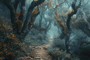 Serene MistCovered Forest nature background and Nature Ancient Trees with Winding Path photo