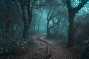 Enchanting MistCovered Forest nature background and Nature with Winding Path and Ancient Trees photo