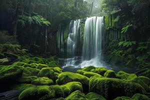 Lush Green Forest nature background and Nature Featuring Solitary Waterfall Cascading Over MossCovered Rocks photo