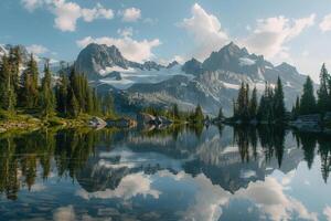 Serene Mountain Lake Surrounded by Pine Trees with MirrorLike Reflection nature background photo