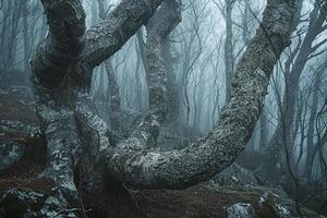 Mist Swirling Around Ancient Tree Trunks in Foggy Forest nature background photo
