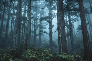 Mist Swirling Around Ancient Tree Trunks in Foggy Forest nature background photo