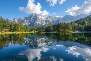 Serene Mountain Lake with Pine Trees and Mirror Reflection of Peaks and Sky nature background photo
