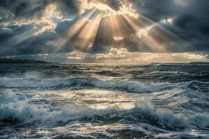 Dramatic Sunlight Filtering Through Clouds Casting Patterns on Turbulent Sea nature background photo