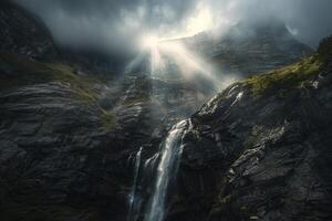 Sunlight Breaking Through Storm Clouds Illuminating Waterfall on Rocky Cliffs nature background photo