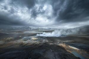 Dramatic Volcanic Crater with Steaming Geysers and Colorful Mineral Pools Under Moody Sky nature background photo