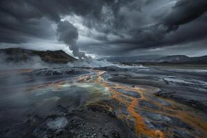 Dramatic Volcanic Crater with Steaming Geysers and Colorful Mineral Pools Under Moody Sky nature background photo