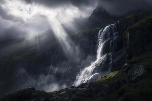 Illuminated Waterfall nature background Amid Storm Clouds and Rocky Cliffs Nature Setting photo