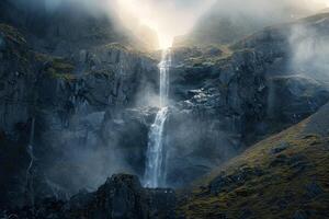 Sunlit Waterfall and Rocky Cliffs nature background with Dramatic Nature s photo