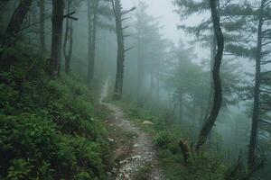 MistCovered Forest with Winding Path nature background and Fog Nature photo