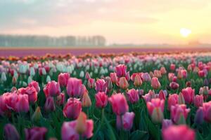Ethereal Field of Tulips in Full Bloom with Vibrant Colors Under Diffused Light nature background photo