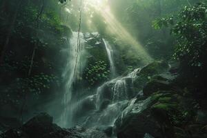 MistCovered Waterfall Cascading Down Mossy Rocks in Dense Forest with Sunlight Breaking Through Fog Background Nature photo