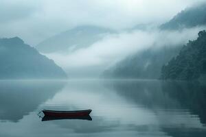 Foggy Morning on Serene Lake Surrounded by MistCovered Mountains with Lone Boat Background Nature photo