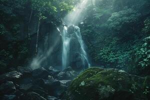 MistCovered Waterfall Cascading Down Mossy Rocks in Dense Forest with Sunlight Breaking Through Fog Background Nature photo