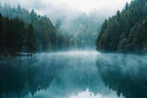 MistCovered Lake Surrounded by Dense Pine Forest with Dawn Light Glow Background Nature photo
