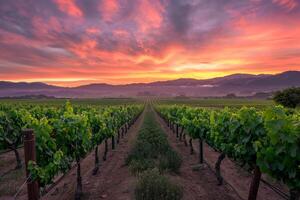 Picturesque Vineyard at Dawn with Rows of Grape Vines and Colorful Sky Inspiring Background Nature photo