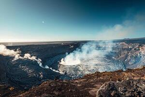 Panoramic of Volcanic Crater with Rising Steam Under Clear Sky Inspiring nature background photo