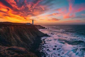 Fiery Sunset Over Coastal Cliffside with Crashing Waves and Lighthouse Inspiring Panoramic Nature photo