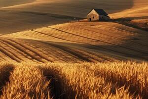 Warm Sunset Light Over Golden Wheat Field with Long Shadows and Farmhouse Inspiring Background Nature photo