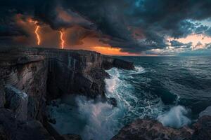 Panoramic Coastal Cliff with Dramatic Rock Formations and Crashing Waves Under Stormy Sky with Lightning Inspiring nature background photo
