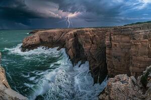 Panoramic Coastal Cliff with Dramatic Rock Formations and Crashing Waves Under Stormy Sky with Lightning Inspiring nature background photo