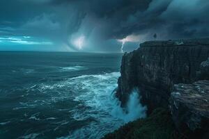 Panoramic Coastal Cliff with Dramatic Rock Formations and Crashing Waves Under Stormy Sky with Lightning Inspiring nature background photo