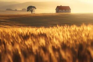 Inspiring Sweeping of Golden Wheat Field at Sunset with Warm Light Casting Long Shadows and Solitary Farmhouse on the Horizon nature background photo