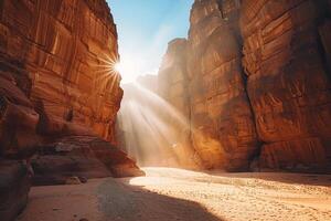 Sunlight Filtering Through Towering Cliffs Casting Patterns on Desert Floor  nature background photo