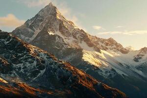 Majestic Snowy Mountain Peak Bathed in Golden Sunrise Light with Alpine Meadows  nature background photo