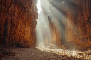 Majestic Sunlight Filtering Through Towering Cliffs Casting Patterns on Desert Floor  nature background photo