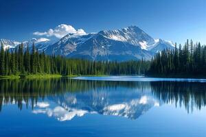 Majestic Snow Covered Mountain Peak Reflecting in Crystal Clear Alpine Lake Surrounded by Pine Forests   nature background photo