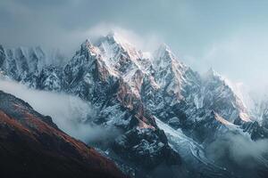 Majestic Mountain Range with Jagged Peaks and Glaciers Illuminated by Sunrise Glow   nature background photo