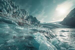 Majestic Sunlight Reflecting Off Pristine Glacier with Spectrum of Ice Colors   nature background photo