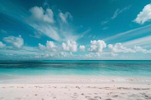 Idyllic Beach Setting with Powdery White Sand and Turquoise Waters Beneath a Clear Sky with Scattered Clouds   nature background photo