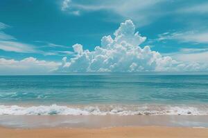 Stunning Golden Sand Beach with Turquoise Waters Beneath a Clear Blue Sky and Fluffy Clouds   nature background photo