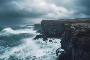 Rugged Island Cliffs and Crashing Waves Under Stormy Sky   nature background photo
