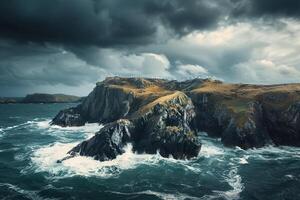 Island with Rugged Cliffs and Crashing Waves Under Storm Clouds   nature background photo