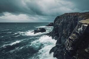 Majestic Island with Cliffs and Stormy Sky   nature background photo