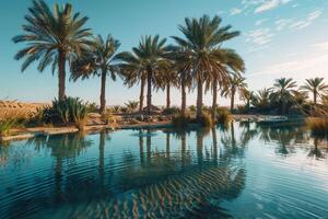 Beautiful Desert Oasis Featuring Palm Trees and Pool Under a Clear Blue Sky   nature background photo