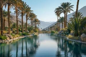 Picturesque Desert Oasis with Palm Trees and Pool Under Clear Blue Sky   nature background photo