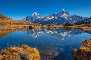 Serene Mountain Lake Reflecting Snow Capped Peaks and Cloudless Blue Sky   nature background photo
