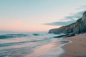 Coastal  with Gentle Waves Rolling onto Sandy Beach Framed by Rocky Cliffs and Pastel Colored Sunset Sky   nature background photo
