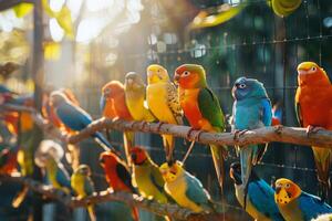 Joyful Shelter Birds Chirping and Fluttering in Aviary Feathers Vibrant in Sunlight photo