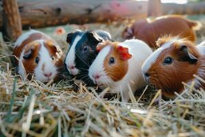 Guineapigs Enjoying Afternoon Hay Buffet in Shelter Enclosure Content and Delightful photo