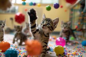 Playful Kittens Exploring Colorful Room Filled with Toys Bringing Joy to Shelter Staff photo