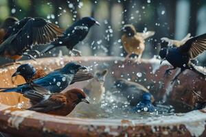 Vibrant Shelter Birds Enjoying Communal Bath Feathers and Wings Fluttering in Birdbath photo