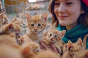Uplifting Volunteer Playing with Shelter Kittens Using Interactive Toys photo