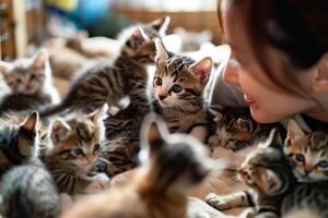 Uplifting Volunteer Playing with Shelter Kittens Using Interactive Toys photo