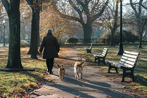 Uplifting Elderly Dogs Enjoying Leisurely Walk with Volunteer Through Scenic Park photo