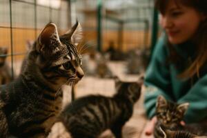Uplifting Volunteer Playing Hide and Seek with Shelter Cats Using Interactive Toys Laughter and Purrs Filling the Room Background Included photo